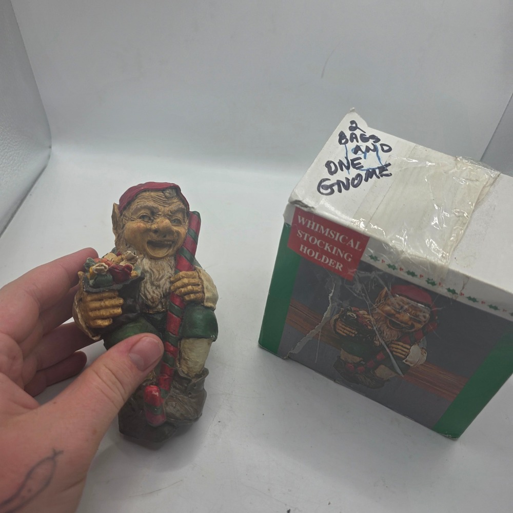 Vintage Whimsical Stocking Holder Christmas Elf Gnome Figurine Original Box